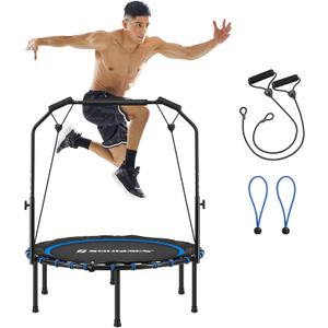 SONGMICS 40 Inches Mini Fitness Trampoline, Fitness Rebounder with Adjustable Handrail, Foldable Trampoline for At-Home Workout, Max. Load 264.6 lb (40Dia. x 11.8H (102 x 30 cm), Blue + Black)