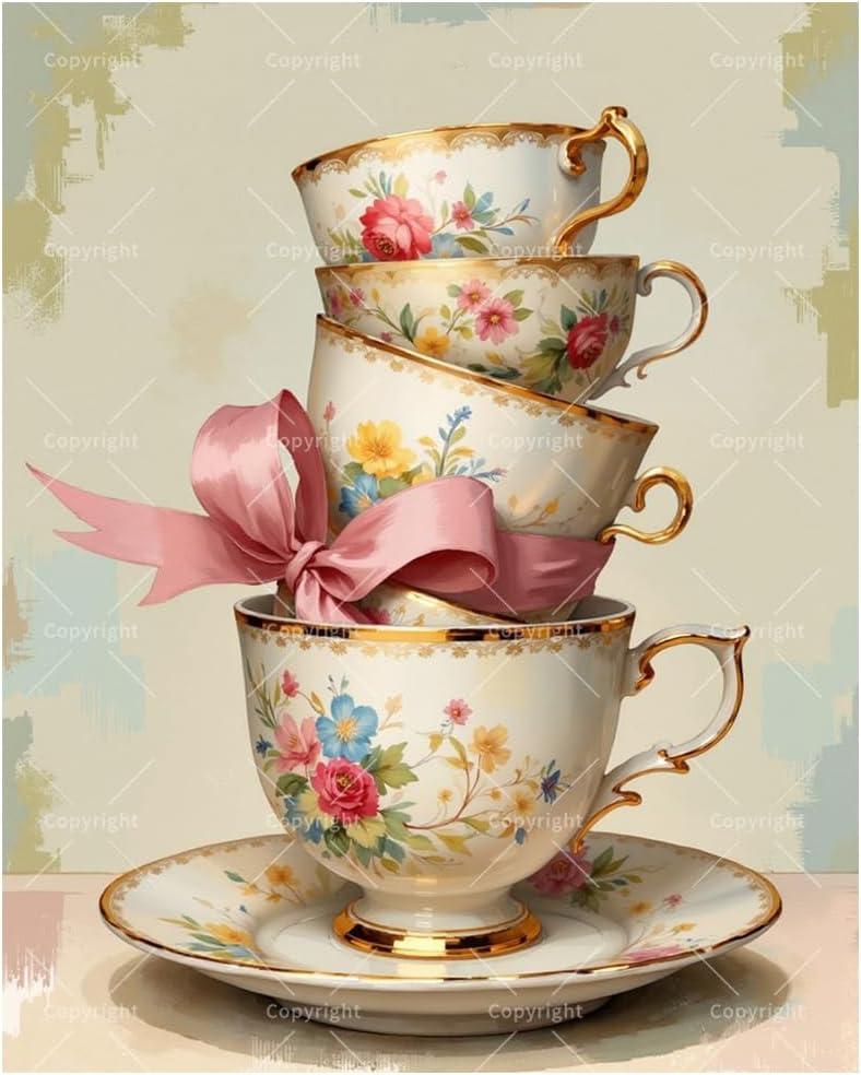 Vintage Teacups Paint by Numbers Kit for Adults - DIY Floral Tea Set with Bow Painting on Canvas 16x20 Inch, Acrylic Paint Set, Suitable for Beginners, Art for Home Decoration or Gifts
