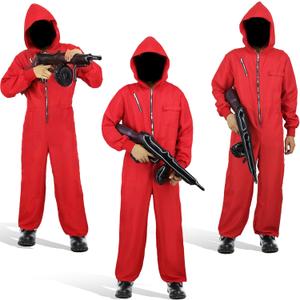 Adult Men Halloween Red Jumpsuit Costume with Mask Cosplay Outfits Unisex Coveralls