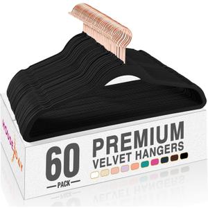 HOUSE DAY Black Velvet Hangers Pack of 60, Premium Non-Slip Felt Hangers, Sturdy Black Clothes Coat Hanger Heavy Duty, Durable Suit Hanger for Space Saving, No Marks Gold Hook