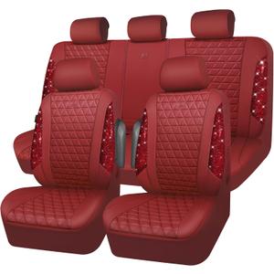CAR PASS Bling Diamond Burgundy Leather Car Seat Covers Full Sets Interior Sets, Waterproof Shining Glitter Sparkly Crystal Universal Armrest Fit Automotive Truck SUV Cute Women Girl, Red Rhinestone