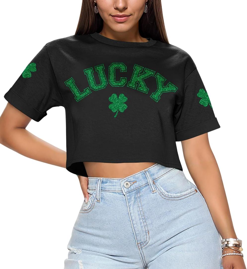 Women's St Patricks Day Irish Lucky Clover Crewneck Crop Top Short Sleeve Funny Holiday Novelty Shirt L (L)