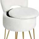 Small Vanity Stool Chair with Storage and Folding Back Faux Fur Soft Ottoman for Teenager, 4 Metal Legs with Anti-Slip Feet, Furry Padded Seat for Makeup, Bedroom, White