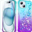 Ruky for iPhone 15 Case for Girls Women with Screen Protector, Glitter Flowing Quicksand Sparkle Soft TPU Protective Phone Cover, Teal Purple