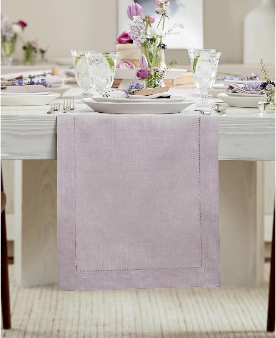 Solino Home Linen Lilac Table Runner 72 Inches Long - 100% Pure Linen Hemstitch Table Runner 14 x 72 Inch for Dresser, Dining, Spring, Summer - Classic Hemstitch