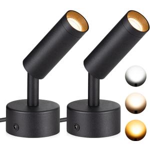 SUNVIE 2 Pack Spot Lights Indoor, 3W Plant Uplights Indoor with 10 FT Plug Cord, 3000K/4000K/5000K Adjustable Dimmable Floor Spotlight Lamp, 120V LED Uplighting for Artwork Wall Accent Lighting (Black)