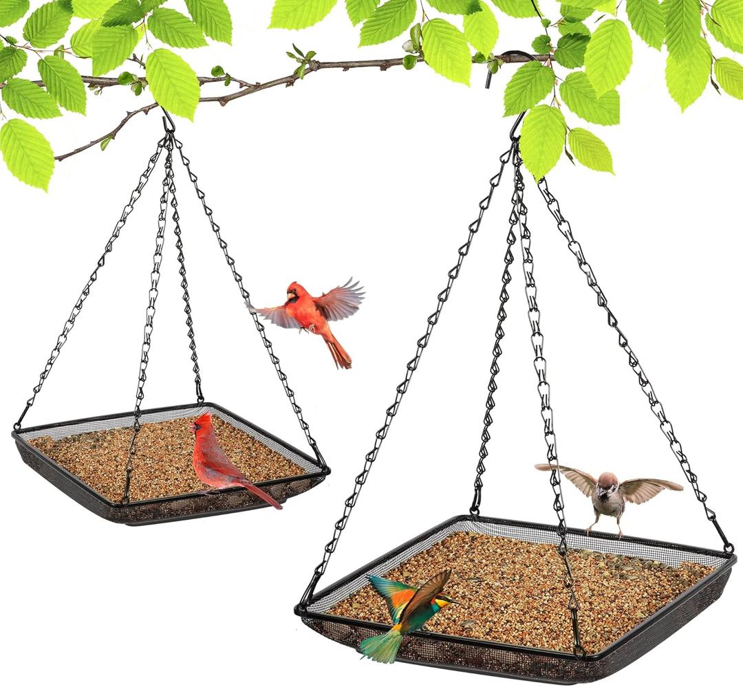 MIXXIDEA Hanging Bird Feeder Tray 11x11 Inches, Metal Mesh Platform Seed Feeder with Durable Chains for Outdoors Outside Great for Attracting Wild Birds, 2 Pack