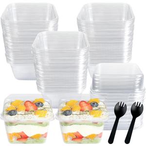 100 Pack Disposable Clear Plastic Cups Ice-cream Cups with Lids and Sporks, 8 oz Square PET Sundae Dessert Cups for Iced Coffee Cold Drinks Frozen Yogut Fruits Jello Snacks Bubble Boba Juice Milkshake
