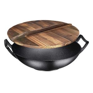 14 Inch Blue Enameled Cast Iron Wok/Pot - Bruntmor Nonstick Skillet Pan with Large Loop Handles for Versatile Cooking - Oven Safe & Electric Stovetop Compatible - Indoor and Outdoor Culinary Essential (Black With Lid)