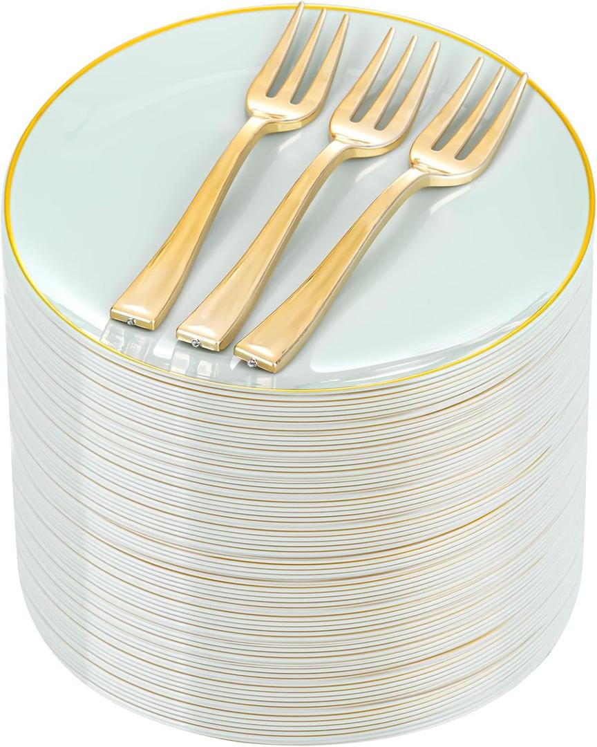 Festiva 200Pcs Pale Sage Green Gold Cake Plates 6.3" with Plastic Forks 5"- Disposable Salad Plates-Green Dessert Plates-Appetizer Plastic Plates - include 100Plates 100Forks for Party&Wedding&Easter