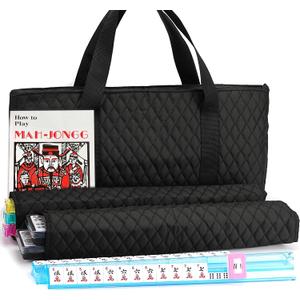 American Mahjong Game Set - Black Quilted Soft Bag 166 Premium Tiles with 4 All-in-One Rack/Pushers,100 Chips, Wind Indicator, English Manual. Easy Carry Complete Classic Mah-Jongg Set, 20 inches x 9 inches x 5 inches