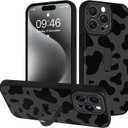 for iPhone 15 Pro Case with Finger Strap Holder, Cute Cool Cow Print Pattern Design for Women Men, Shockproof Anti Scratch Hand Kickstand Protective Cover, Gray