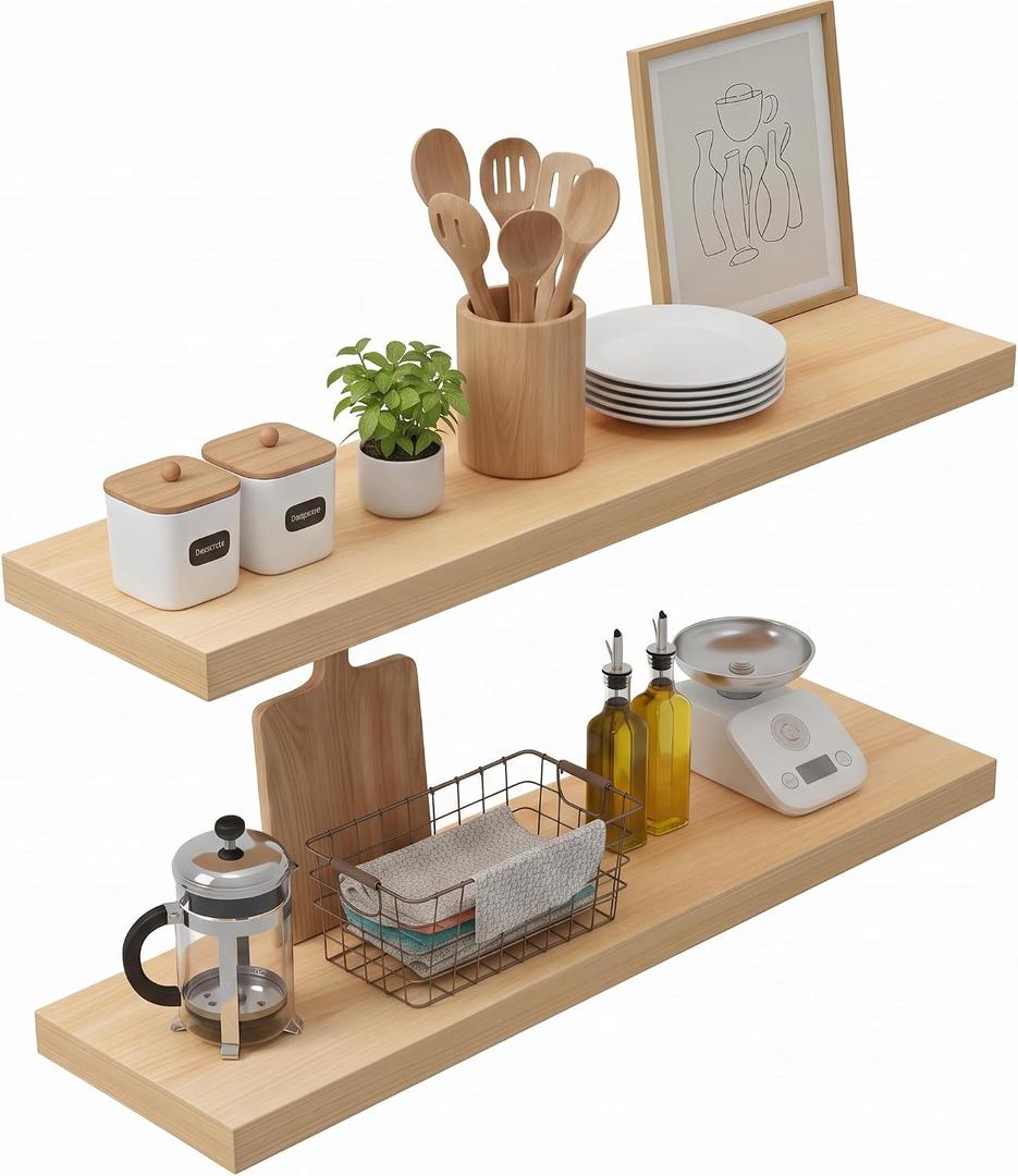 Lufia 28" Floating Shelves for Wall, Hanging Wall Shelves, Natural, 2 Pcs, 28" W x 7" D x 1.5" H