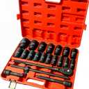 3/4 Inch Drive Deep Impact Socket Set, 21 Pieces, 6 Point, Metric Sizes (19mm to 50mm) with Adapters and Quick Release Ratchet Wrench, Heavy-Duty Cr-Mo Steel, Storage Case