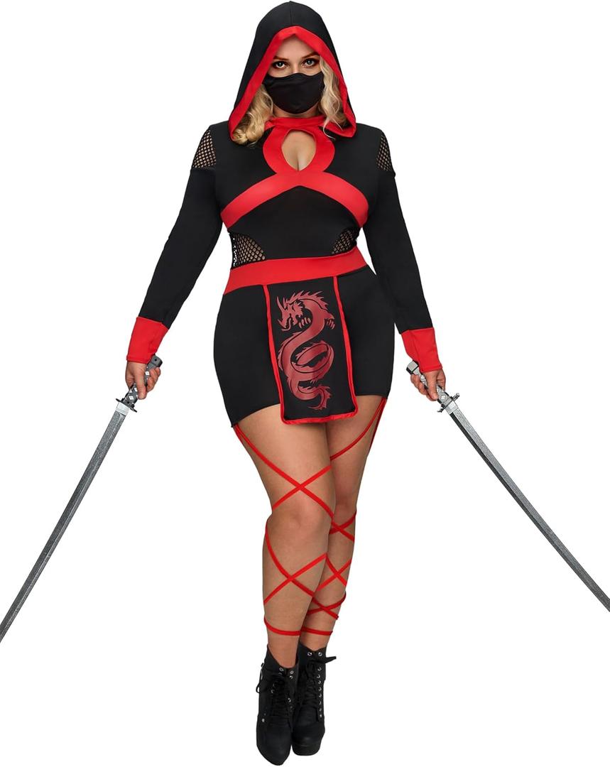 Spooktacular Creations 2 Pcs Ninja Costume Women, Halloween Ninja Costume Adult with Mask for Halloween Party Cosplay (Black, XXL)