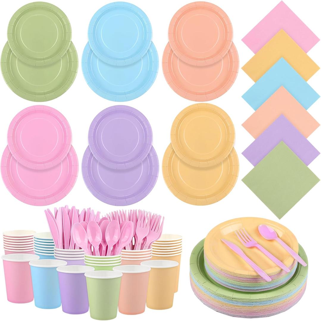 Kochorie 360 Pieces Pastel Rainbow Disposable Party Dinnerware Pack Included 7" and 9" Pastel Paper Plates Napkins Cups Cutlery, Macaron Colorful Decor Serves 48 Guests for Birthday Wedding Party