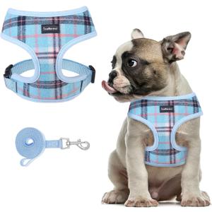 SCENEREAL Puppy Dog Harness with Leash Set for Small Medium Sized Dogs, Soft Mesh Step in Pet Harnesses and Leash, No Chock Plaid Adjustable No Pull Vest for Dogs Cats, Chihuahua,Bulldog (Blue M) (M: Chest Girth: 17"-21")