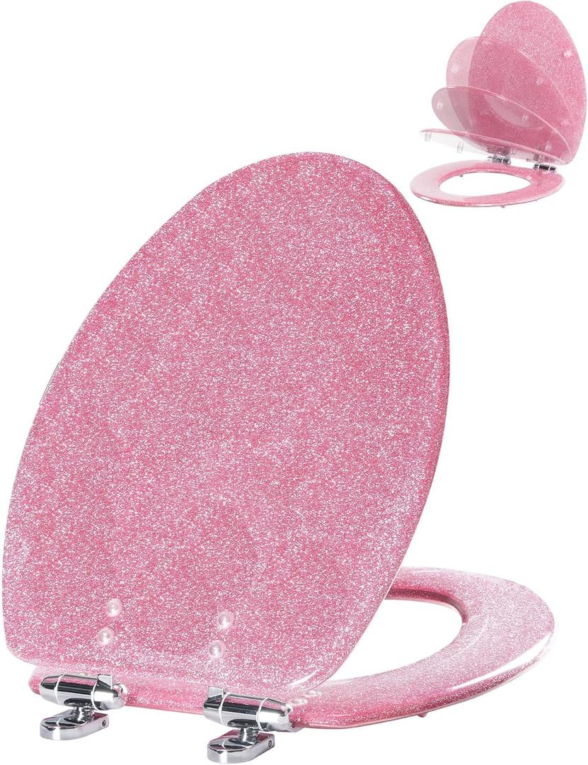 Angol Shiold ELONGATED Pink Toilet Seat Resin Glitter, Slow Close Heavy Duty Acrylic Toilet Seats for Standard Toilets, Easy Installation & Cleaning(19Inch, Pink Glitter, Upgraded hinges)
