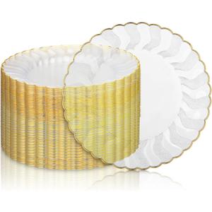 Hushee 50 Pcs Plastic Plates with Gold Trim 6'' Small Round Disposable Vintage Dessert Plates for Party Birthday Buffet Wedding Catering Celebration Reception (Clear)