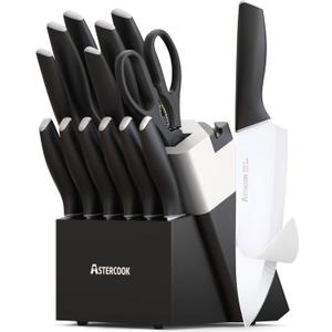 Astercook Knife Set, Kitchen Knives with Block and Sharpener Ceramic Coating 15 Pcs German Stainless Steel Knives Sharp Blade Dishwasher Safe Deba Knives with Ergonomic Handle, Elegant Black