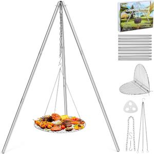 Joyfair Campfire Camping Tripod Grill Grate(17 Dia.), Heavy Duty Stainless Steel Openfire Tripod with Over Firepit Rack Camp Equipment, Adjustable Height Stand for Outdoor BBQ Cooking Grilling