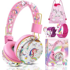QearFun Cute Unicorn Bluetooth Headphones, 85dB Safe Volume Limit, Wireless & 3.5mm Wired Headset with Mic, Bluetooth 5.2, Fast Charging, Foldable,for School, Tablet, Travel, Airplane (Pink)