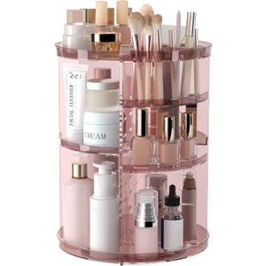 Rotating Makeup Organizer, DIY 8 Adjustable Layers 360 Spinning Skincare Organizers, Makeup Storage Carousel Tower with Brush Holder & Perfume Trays, Cosmetic Display Case for Vanity Bathroom (Clear Pink)