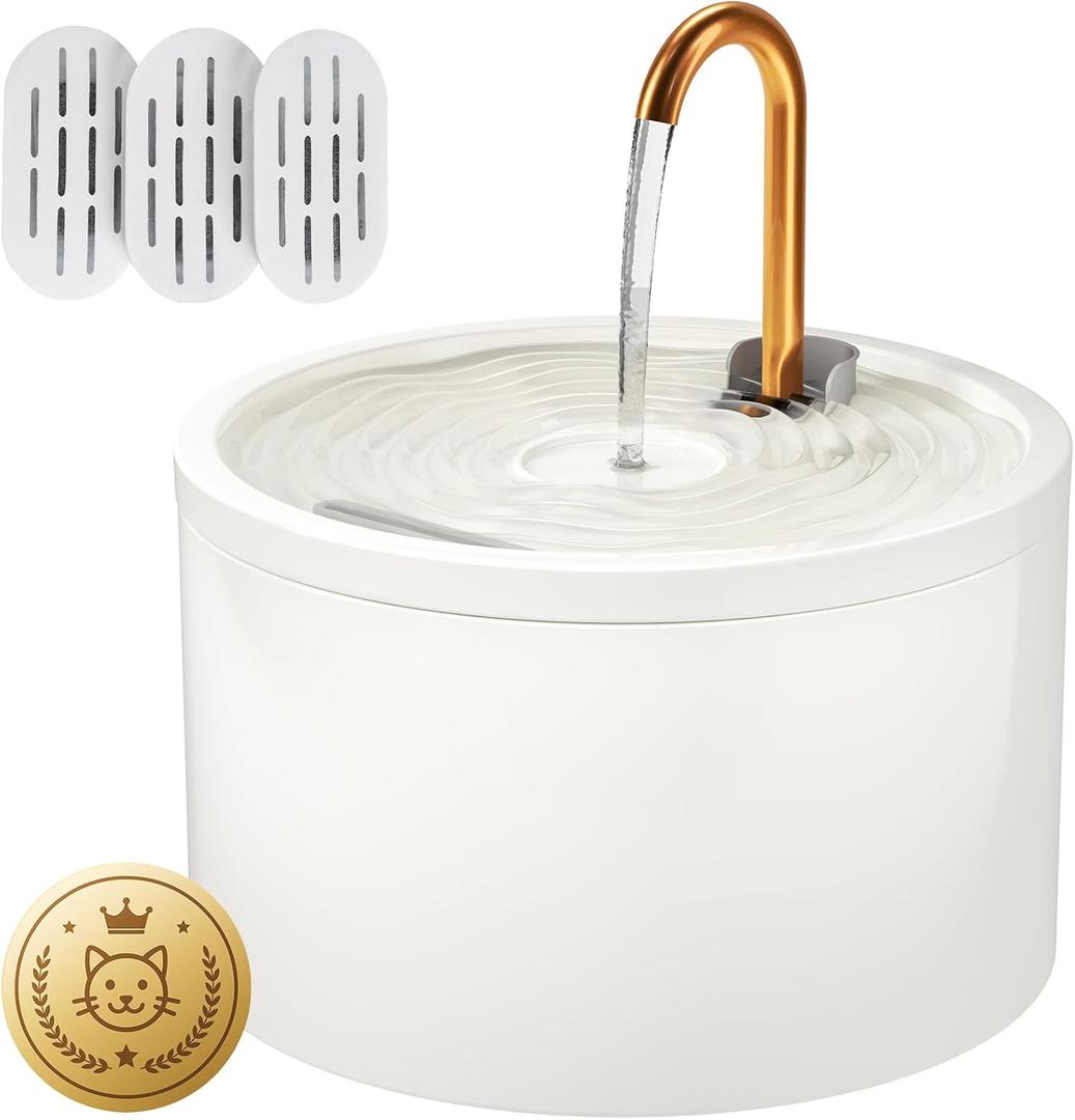 DOOOB Ceramic Cat Water Fountain, 2.1L/71oz Ceramic Cat Fountain, Automatic Ceramic Water Fountain for Cats, Pet Water Fountain with Ultra-Quiet Pump and 3 Filters & 3 Sponges (White)
