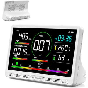 16 in 1 Air Quality Monitor Indoor 7" Large Display 9 AQI+7 Alerts, CO2 Monitor Air Quality Tester for CO2, TVOC, PM2.5 PM1.0 PM10, HCHO Temperature Humidity AQI & Time Air Quality Meter for Home