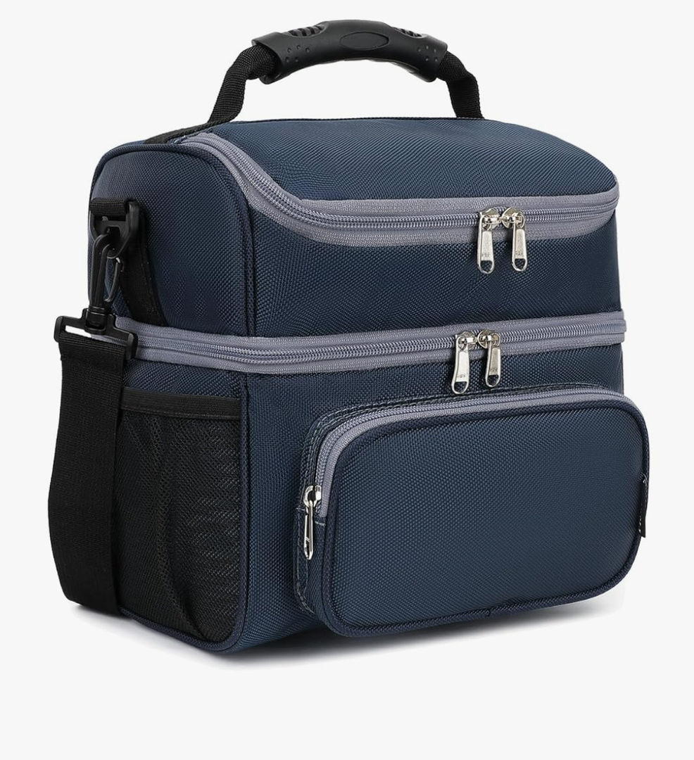 FlowFly Double Layer Cooler Insulated Lunch Bag Adult Lunch Box Large Tote Bag for Men, Women, With Adjustable Strap,Front Pocket and Dual Large Mesh Side Pockets