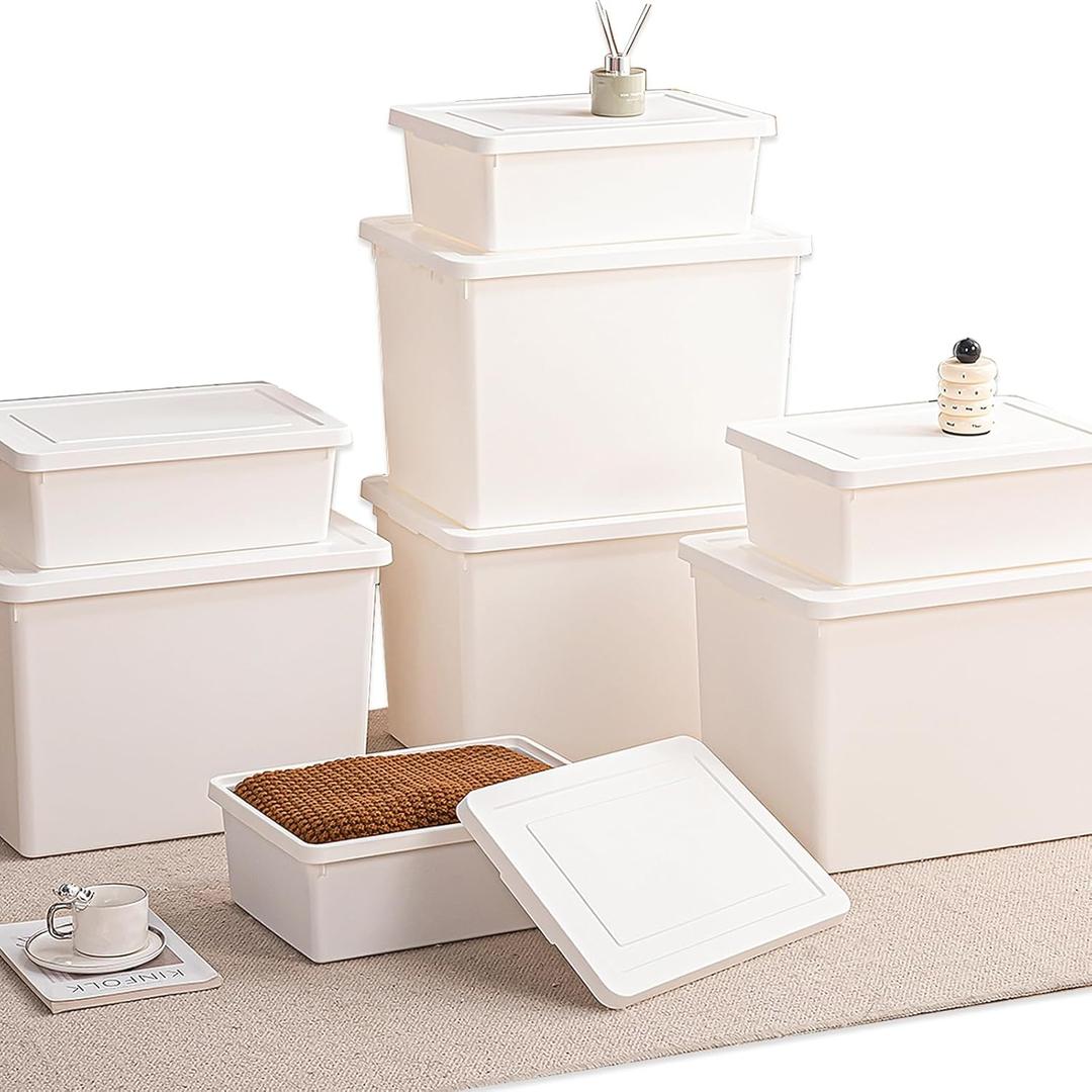 10gal+3gal Large capacity White multifunction storage bin with lid, Set of 8 Stackable Plastic Boxes with Handles, OfficeGarageHome, for Organizing Snacks, Crafts, Legos, Tools,books 4XXXL+4L