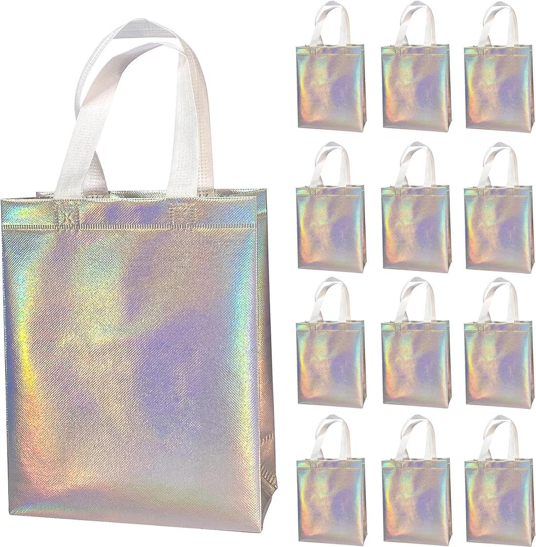 12 Pcs Non-woven Reusable Gift Bags With Handles for Party Favor 8W x 4L x10H Size (Iridescent)