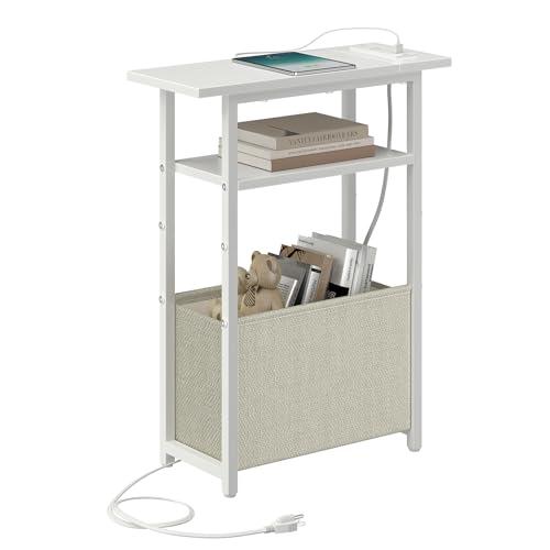 sthmec Narrow Side Table with Charging Station, Small End Table for Small Spaces, Skinny Nightstands with Storage Basket, 3 Tier Sofa Couch Bedside Tables for Living Room,Bedroom, White
