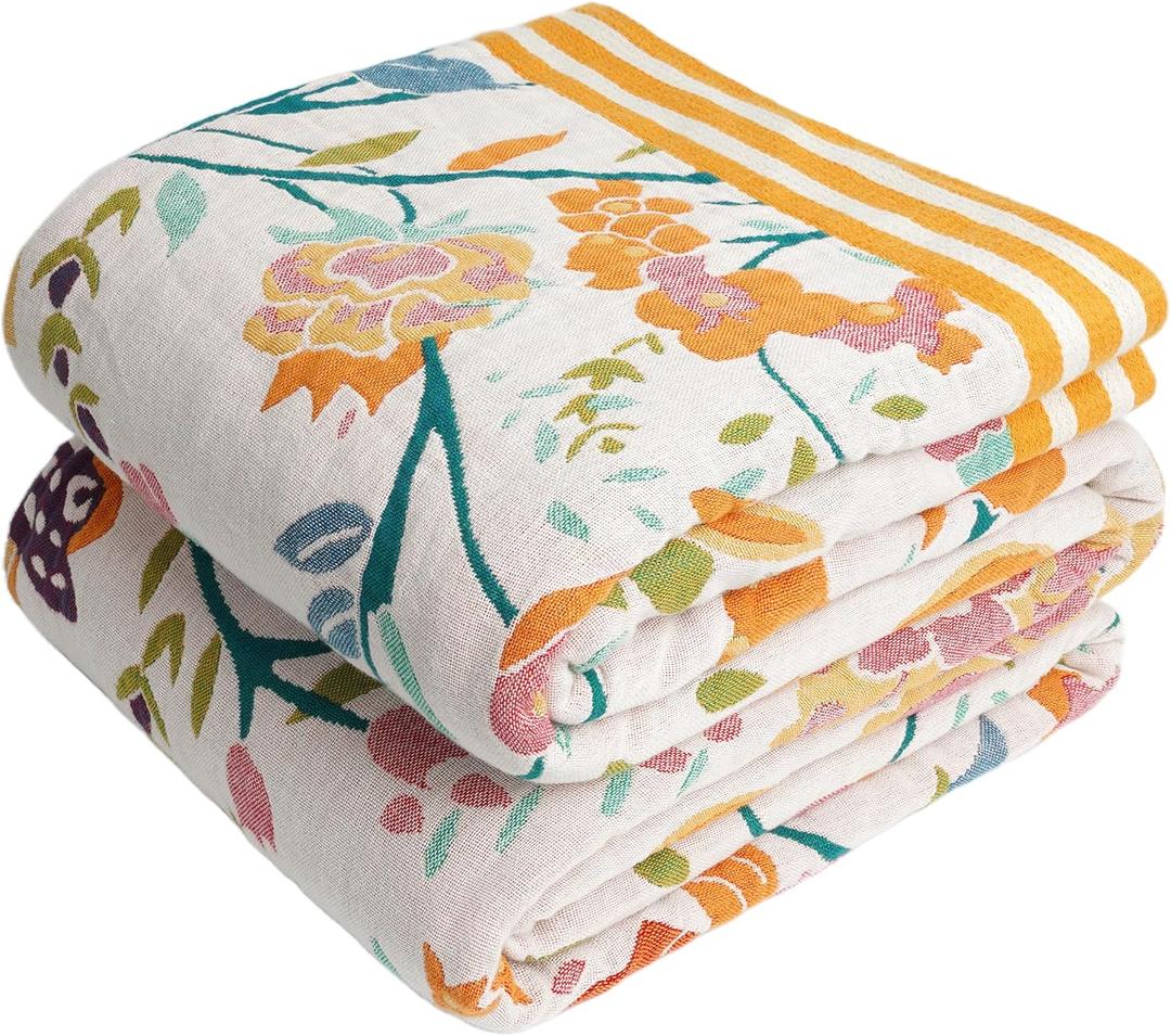 VANJOROY Boho Throw Blanket, 100% Organic Cotton Breathable Ultra Soft 80" x 90" Bed Quilt Throw - All Season Floral Rustic Farmhouse Decor Luxury Reversible Blanket for Sofa Couch Chair and Gift (Flower-colorful)