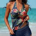 Women Two Piece Tankini Halter Padded Adjustable Drawstring Swimsuit with Boyshorts (Blue, XL)