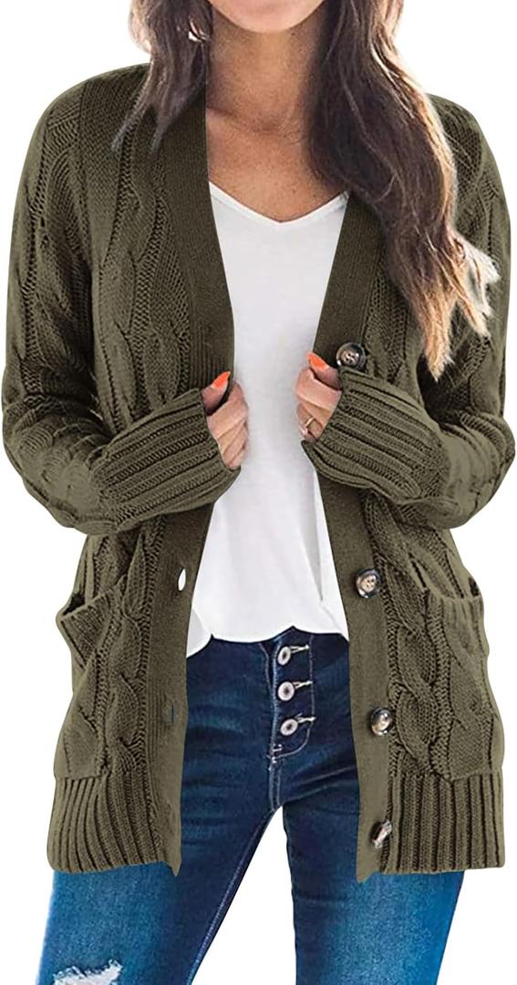 PRETTYGARDEN Women's Open Front Cardigan Sweaters Fall Fashion Button Down Cable Knit Chunky Winter Clothing Outerwear Coats (Large, Army Green)