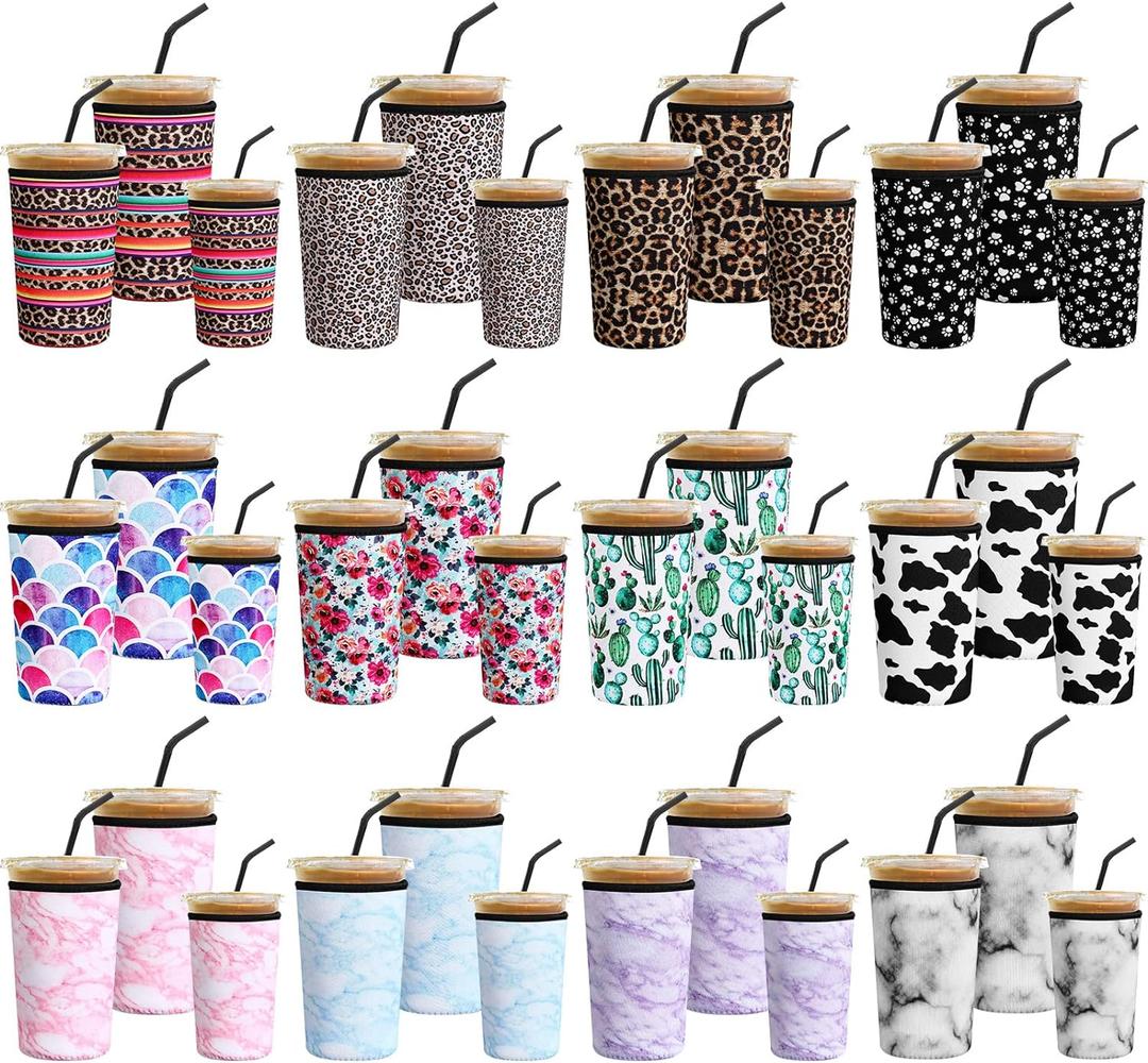 Irenare 36 Pack Reusable Assorted Sizes Iced Coffee Sleeves Neoprene Insulator Cup Sleeve for Cold Drinks Beverages Coffee Cup Sleeves Reusable for Hot Cold Drink, 16-32oz