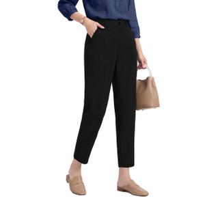 Houmous Womens Cotton Barrel Pants Stretch Lounge Golf Travel Casual Slacks Belt Loops Pockets (26" Inseam, Black, X-Large)