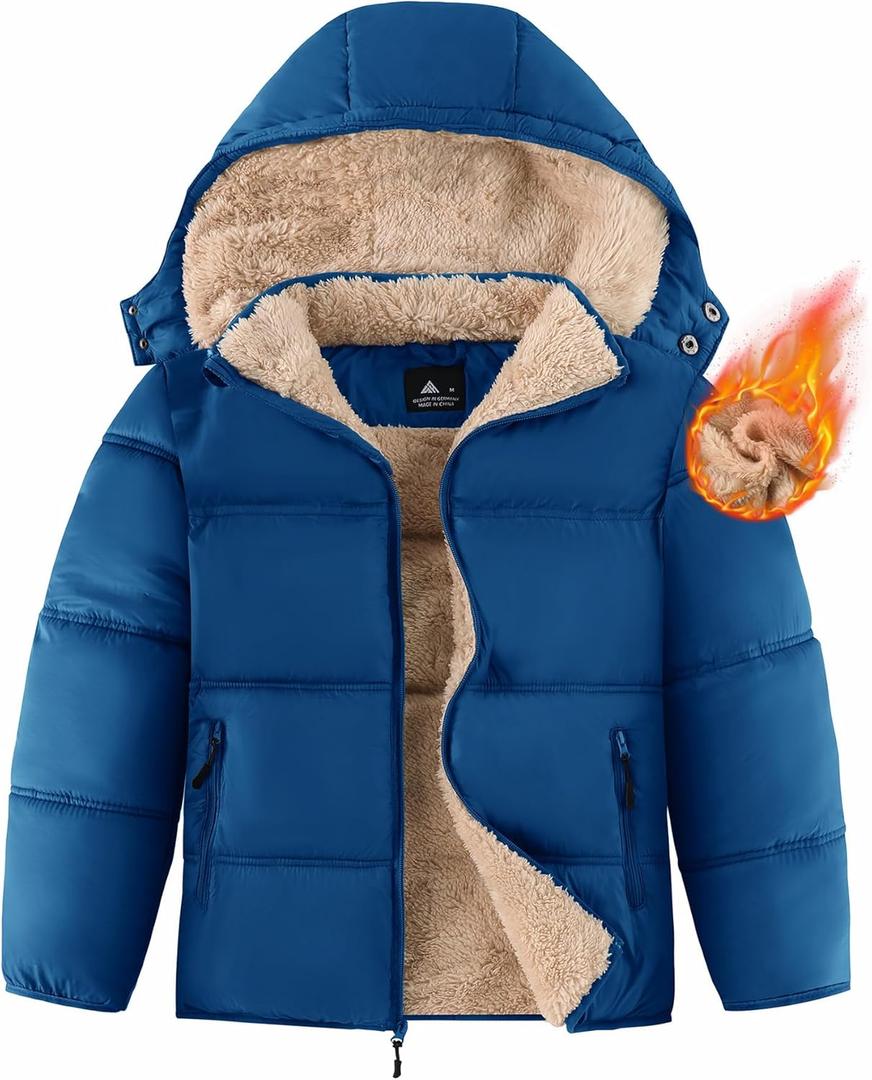 ZITY Boy's Winter Coat Thermal Puffer Jacket Warm Sherpa Fleece Lined Water-Resistant Zip Outerwear Coat with Detachable Hood (10-11 Years, Blue)