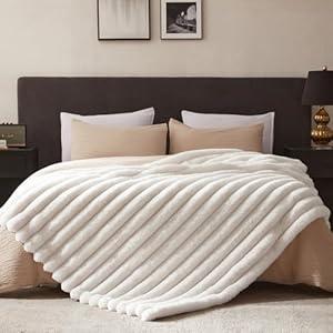 WDCOZY Faux Fur Throw Blanket Striped Super Soft Cozy Fluffy Luxurious Blankets Couch Bed Sofa Chair Home Decor Warm Furry Fall Winter Plush Lightweight Rabbit Fur Bubble Blanket 60" x 80", Ivory