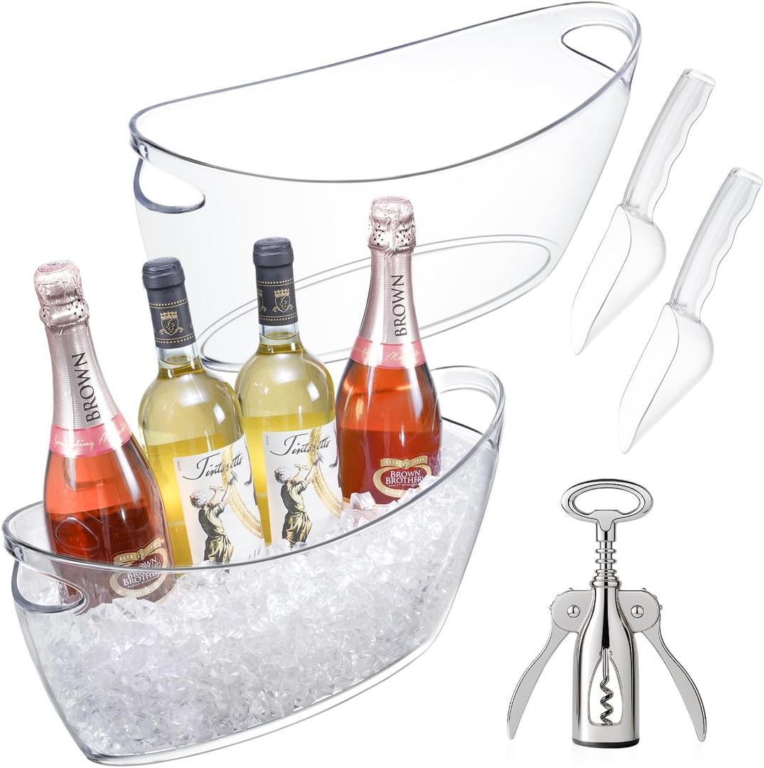 Ice Bucket for Parties, 2PCS Clear Acrylic Drink Buckets with Scoop & Metal Wine Bottle Opener, 5.5L Large Champagne Bucket Tub for Wine, Beer, Cocktail Bar & Mimosa Bar Supplies Cooler