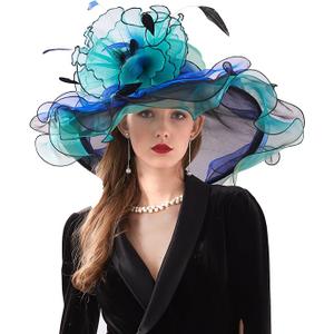 ORIDOOR Women Hats Headband Hairpin Organza Fascinator Church Hat Floral Tea Party Wedding Hat for Ladies, 003a Blue and Green