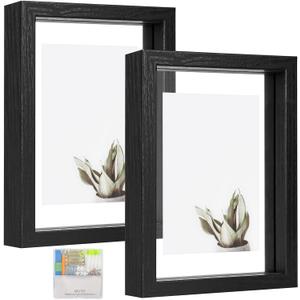 MUYE 5x7 Floating Frames Set of 2,Double Glass Picture Frame Display Any Size Photo up to 5x7,Wall Mount or Tabletop Standing, Black