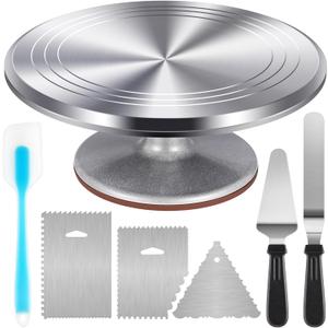 Kootek Aluminium Cake Turntable Set, Baking Tools with Revolving 12" Cake Stand for Decorating, 12.7" Offset Spatula, 3 Stainless Steel Frosting Icing Smoother, Cake Serve Cake Decorating Kit Supplies (Silver)