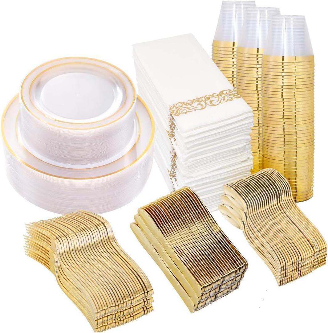 I00000 50 Guests Clear Gold Plastic Plates, Gold Disposable Dinnerware Set Includes: 100 Plastic Plates, 50 Silverware Set, 50 Disposable Cups, 50 Napkins Perfect for Party & Wedding
