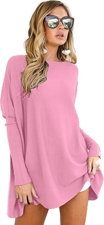 LIYOHON Oversized T Shirts for Women Tunic Tops to Wear with Leggings Long Sleeve Fall Sweaters Dressy Tops Pink M