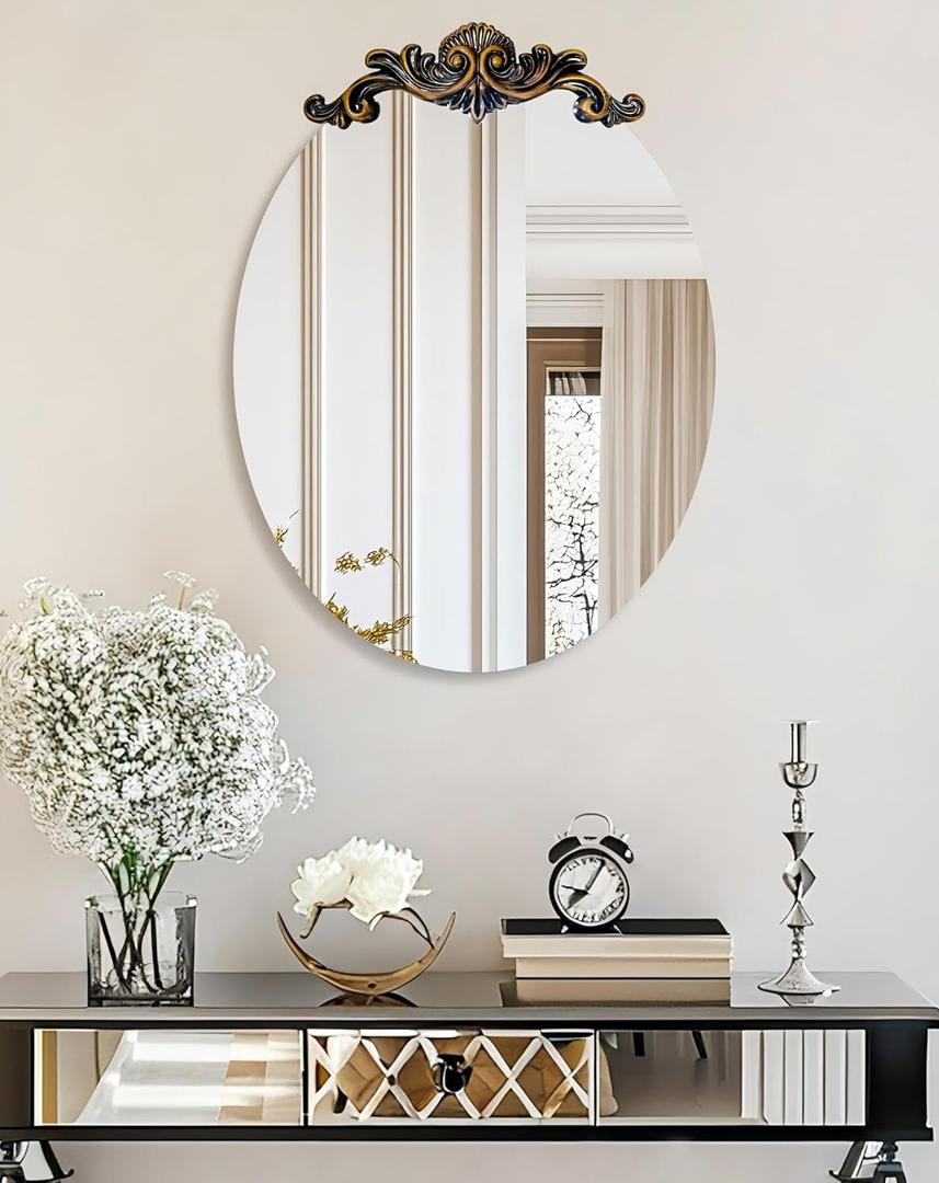 Baroque Mirror Oval 32x24 inches: Sleek Silver Mirrored Vanity with Decorative Flower-Top Frame Wall Mounted Home Decor for Bathroom Bedroom Livingroom Entryway Hallway
