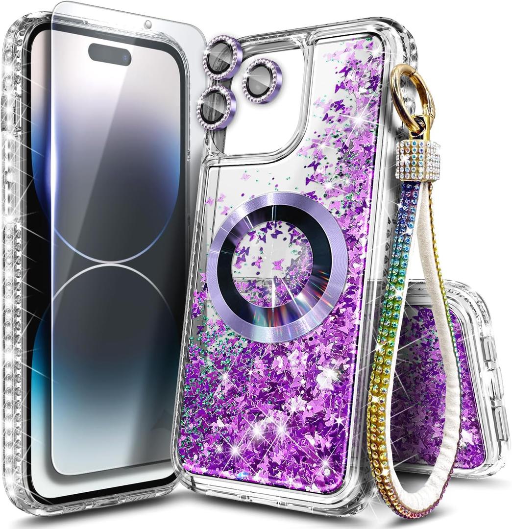 NGB Designed for iPhone 12 Pro-Max Case, Purple | Magnetic Compatible with MagSafe | Glitter Liquid Sparkle Cute Cover for Women Girls | with Screen Protector & Camera Lens Protector & Wrist Strap