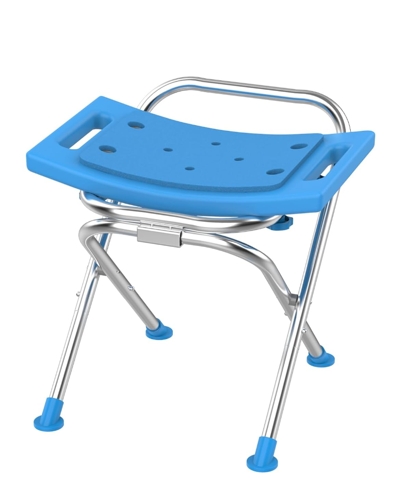 Folding Shower Chair Seat, 17.5" Stainless Steel Small Shower Chair for Inside Shower with Pad, 400lbs Portable Travel Shower Stool, Safety Anti-Slip Bath Chair for Seniors, Disabled, Blue