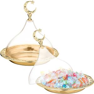 Potchen 2 Pcs Ramadan Tray Decor Eid Mubarak Date Holder with Clear Dome Lid Mardi Gras Serving Tray 6.69" Metal Gold Eid Al-fitr Dessert Container for Nuts Baklava Samosa Halva Candies Cookies